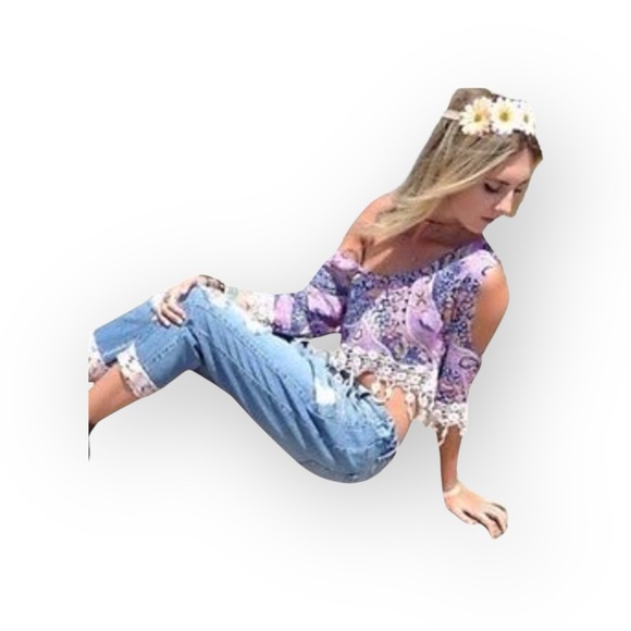 new Millau ꧁ Cold Shoulder Lace Fringe Festival Crop Top ꧁ Multicolor Print ꧂ XS - Picture 1 of 16